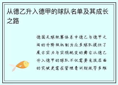 从德乙升入德甲的球队名单及其成长之路