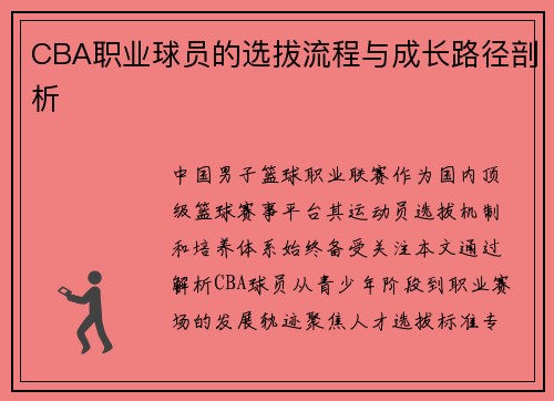 CBA职业球员的选拔流程与成长路径剖析